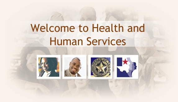 Welcome to Health and Human Services title screen showing collage of images: a group of employees, a woman, a man, State of Texas seal, and HHS system logo   